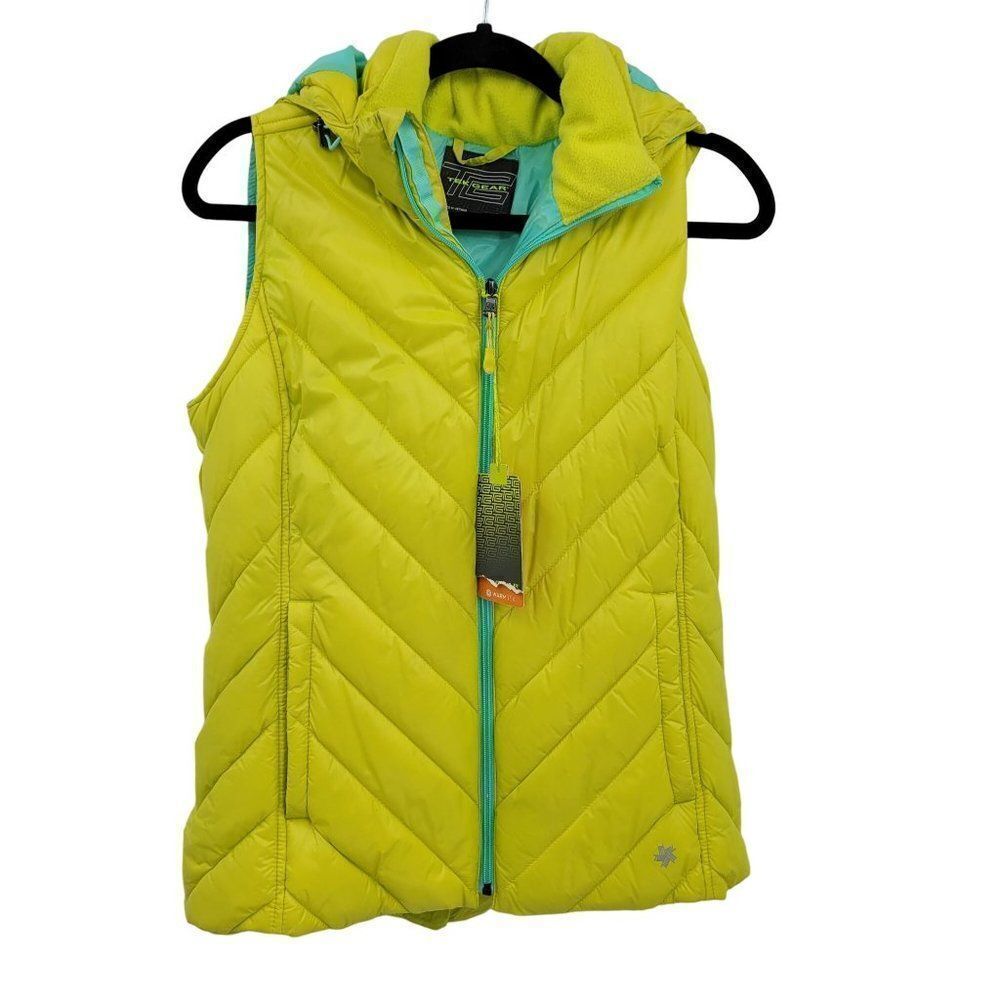 Tek Gear Puffer Vest M Chartreuse‎ Quilted Contrasting Hood Zip Pockets Gorpcore